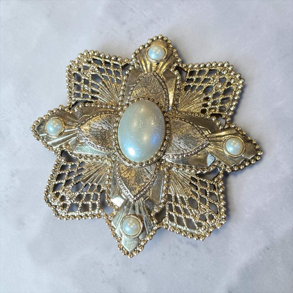 Moonstone Cross Brooch 1928 Jewelry Co Gold Tone Filigree Maltese Style Pin